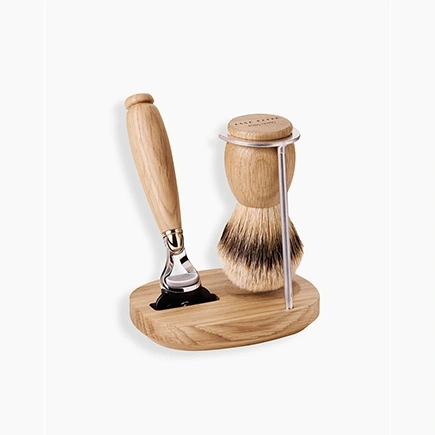 Acca Kappa Shaving Set In Varnished Oak Wood And Chrome-Plated Metal - Superior Silver Badger Shaving Brush And Fusion Gilette Razor