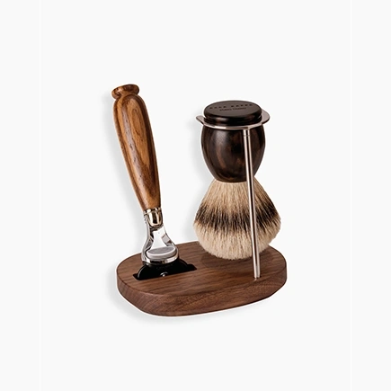 Acca Kappa SHAVING SET IN ZEBRA WOOD AND CHROME-PLATED METAL - SUPERIOR SILVER BADGER SHAVING BRUSH AND “FUSION” GILETTE RAZOR